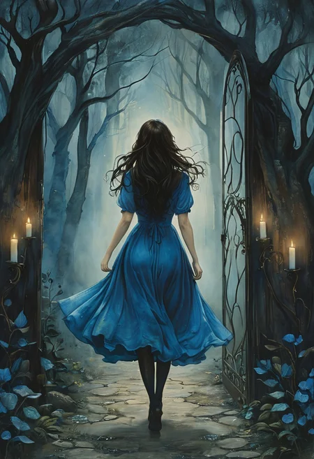 (water-colored), illustration, style of Jessica Galbreth,
(far view, far shot, rear view, facing away:1.3),
(Alice, woman walking, very long dark brown hair, hair rim lighting, hair in the wind, blue maid dress with short sleeves, black tights, black shoes:1.5),
fog, dreamy, dream,
(forest, door, night, candles:1.6)
