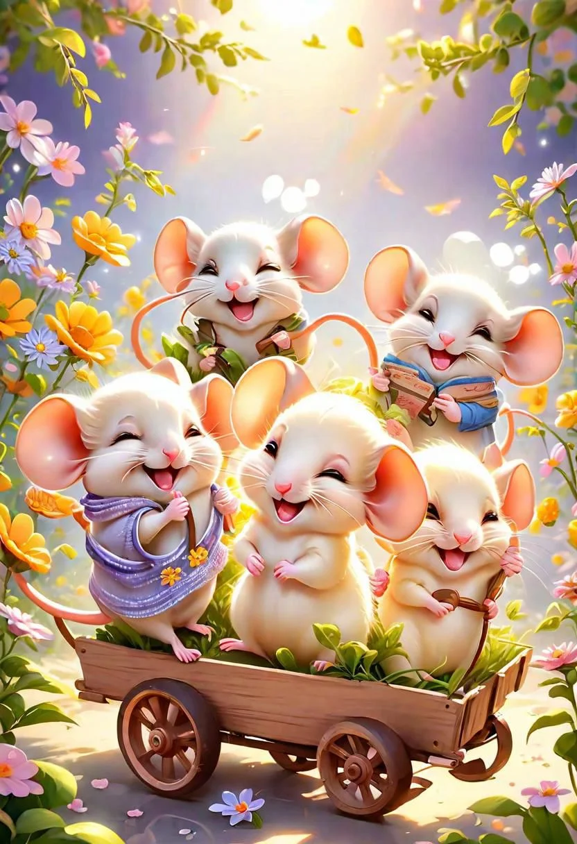 masterpiece,best quality,original,official art,cute mice, purple flower,background,cartoon rendering,beautiful detailed glow, beautiful detailed cute mice ,sunny, creamy flower, happy, big grin, mice drive with little wagon