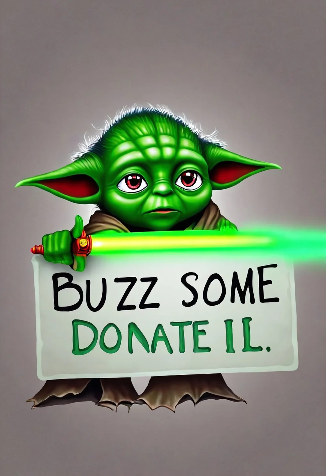 Yoda holding a sign with text " buzz some donate  💚" <lora:buzz-text:1>,  green lightsaber in other hand