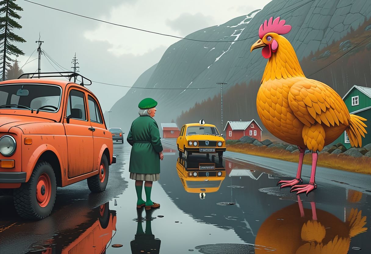Cinematic, 9:16 shot.
Along a desolated mountain road in Norway, on the left side of the street there is a 12m tall massive yellow robotic chicken. 
On the left side of the street there is also a very bright pink mechanical pig, as tall as the chicken.
On the right side of the road is standing a very bright white robotic polar bear with green socks, 13m tall.
On the right side of the road is also standing a rusty mechanical flamingo, even taller than the chicken.
A old couple (an old man and an old woman) has just parked their family car to admire those ancient mechanical steel animals.
The man is wearing an irish green hat, the woman is dressed as she was cooking but she left the kitchen few minutes ago.
Many details everywhere. Ray-Tracing. Anti-Aliasing. Realistic reflections. Realistic soft shadows.
Slightly desaturated colors. 
Insane quality. Insane resolution. Insane details. Masterpiece.
Life-Like Photorealism. 
16k resolution
By Simon Stalenhag.