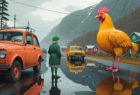 Cinematic, 9:16 shot.
Along a desolated mountain road in Norway, on the left side of the street there is a 12m tall massive yellow robotic chicken. 
On the left side of the street there is also a very bright pink mechanical pig, as tall as the chicken.
On the right side of the road is standing a very bright white robotic polar bear with green socks, 13m tall.
On the right side of the road is also standing a rusty mechanical flamingo, even taller than the chicken.
A old couple (an old man and an old woman) has just parked their family car to admire those ancient mechanical steel animals.
The man is wearing an irish green hat, the woman is dressed as she was cooking but she left the kitchen few minutes ago.
Many details everywhere. Ray-Tracing. Anti-Aliasing. Realistic reflections. Realistic soft shadows.
Slightly desaturated colors. 
Insane quality. Insane resolution. Insane details. Masterpiece.
Life-Like Photorealism. 
16k resolution
By Simon Stalenhag.