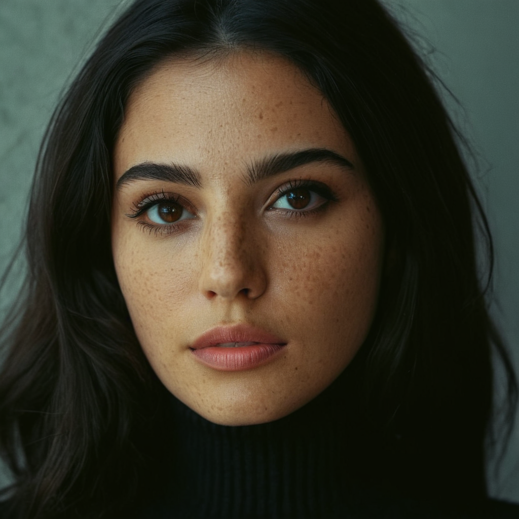 cinematic film still of  <lora:detailed_notrigger:0.3>
<lora:facial expression style v2:0.1>
<lora:perfection style:0.2> perfection style
<lora:TeethXL:0.1>
<lora:detailed:0.1> detailed
 <lora:skin texture style:1>
A cinematic skin texture style still image of a woman with long hair and a black turtle neck, detailed skin pore, film still, still photography style, sharp style, detailed style, perfect style, perfection style, Kodak film skin tone style, fujifilm skin tone style, professional photography style, skin textured, skin texture style, 1girl, solo, long hair, looking at viewer, black hair, brown eyes, upper body, parted lips, teeth, sweater, lips, turtleneck, portrait, realistic, nose, wall, brown hair
, shallow depth of field, vignette, highly detailed, high budget, bokeh, cinemascope, moody, epic, gorgeous, film grain, grainy