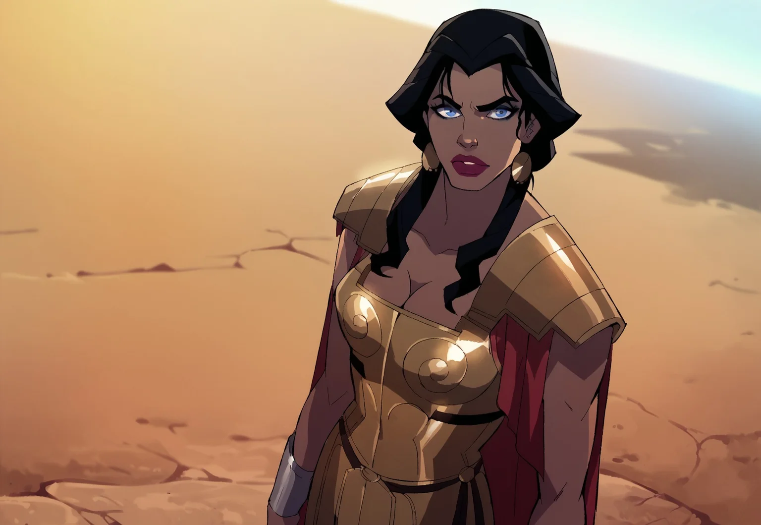 safe_pos, score_9, score_8_up, score_7_up, hippolyta, long hair, blue eyes, black hair, makeup, lipstick, armor, jewelry, earrings, greek dress, cleavage, 1woman, cape, cowboy shot, looking at viewer, solo, dutch angle, defined