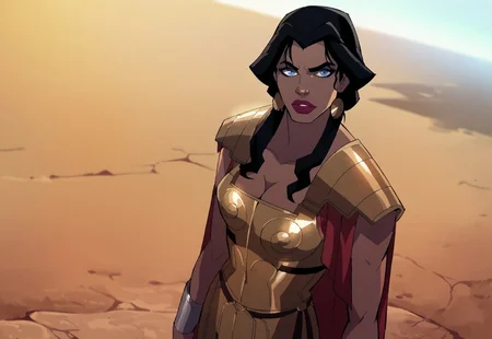 safe_pos, score_9, score_8_up, score_7_up, hippolyta, long hair, blue eyes, black hair, makeup, lipstick, armor, jewelry, earrings, greek dress, cleavage, 1woman, cape, cowboy shot, looking at viewer, solo, dutch angle, defined
