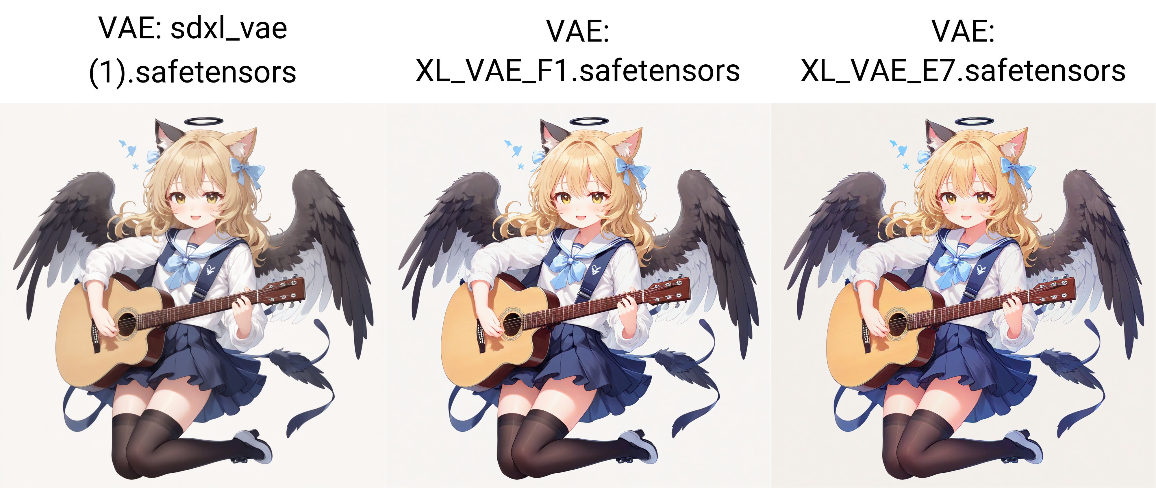 white background,semilong wavy blonde hair,angel wing,Angel Halo,full body,(school uniform:1.2),black thighhighs,cute,cat ears, white background,play the guitar