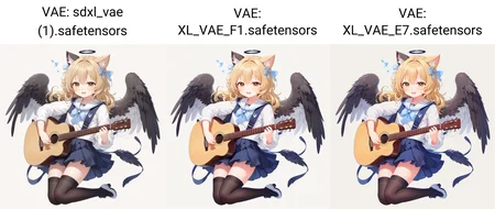 white background,semilong wavy blonde hair,angel wing,Angel Halo,full body,(school uniform:1.2),black thighhighs,cute,cat ears, white background,play the guitar