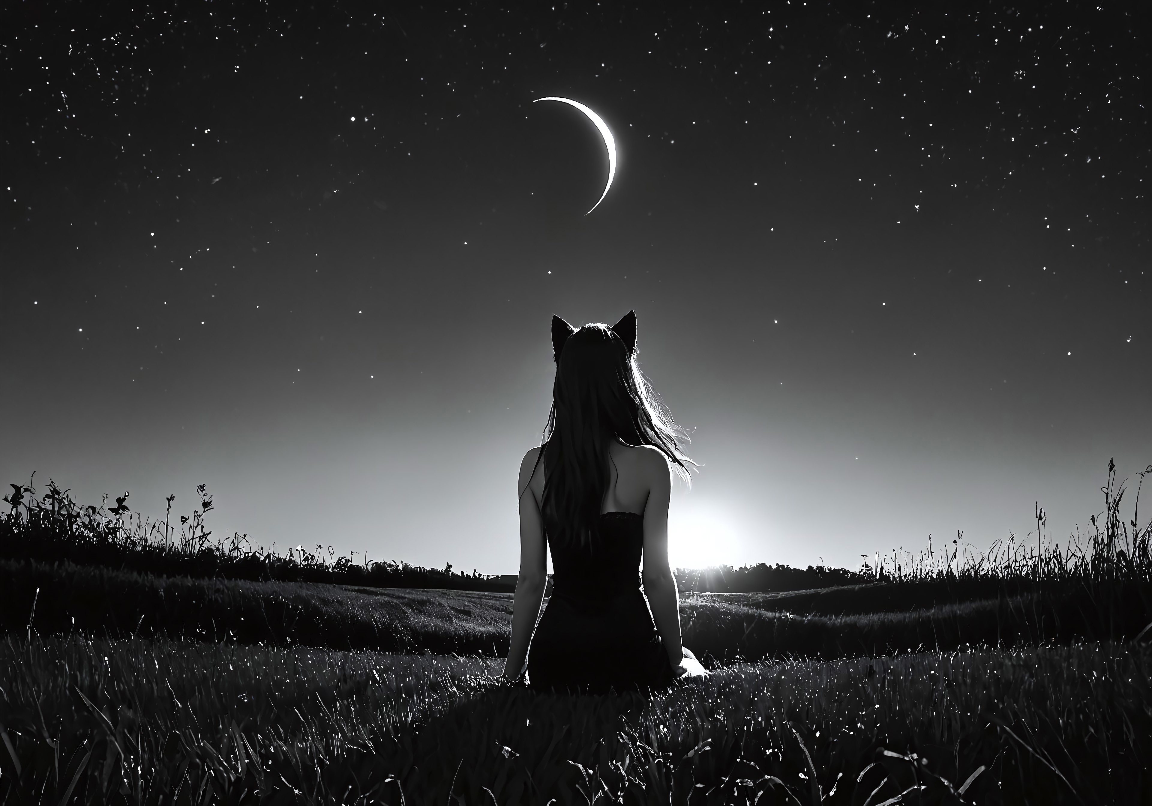 score_9, score_8_up, score_7_up, source_photo, Ultra detailed, dark theme, dim lighting, black theme, dark night, outdoors, grass hill, night sky, starry sky, monochrome, sitting, leg_outstretched, knees up, 
dark lit room, low lighting, shadows, black hair, long hair, lilykat, cat ears, dark lace strapless pencil dress, view from side, facing away from camera, from below, crescent moon, milkyway, hair blowing in wind, windy, close up