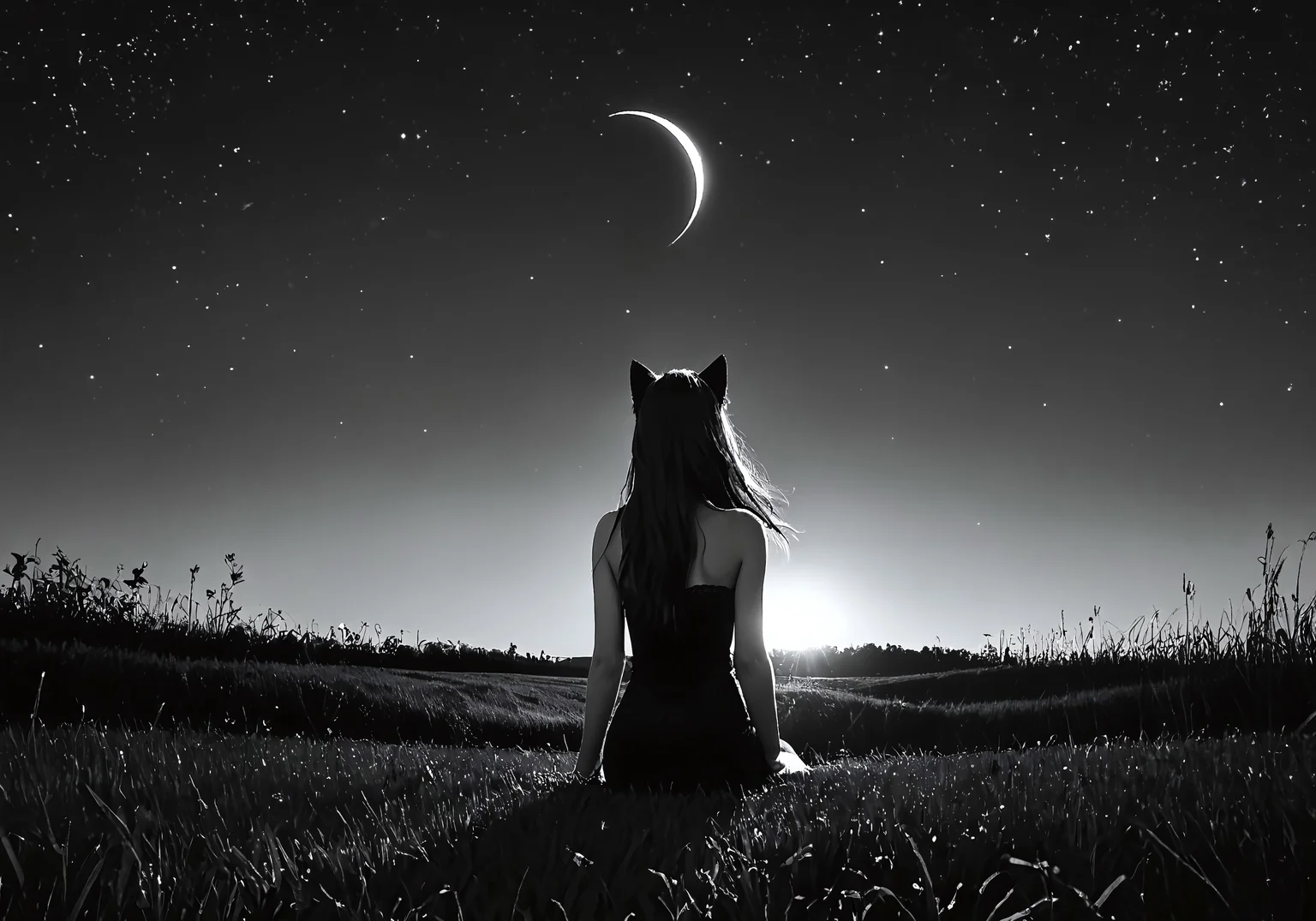 score_9, score_8_up, score_7_up, source_photo, Ultra detailed, dark theme, dim lighting, black theme, dark night, outdoors, grass hill, night sky, starry sky, monochrome, sitting, leg_outstretched, knees up,
dark lit room, low lighting, shadows, black hair, long hair, lilykat, cat ears, dark lace strapless pencil dress, view from side, facing away from camera, from below, crescent moon, milkyway, hair blowing in wind, windy, close up