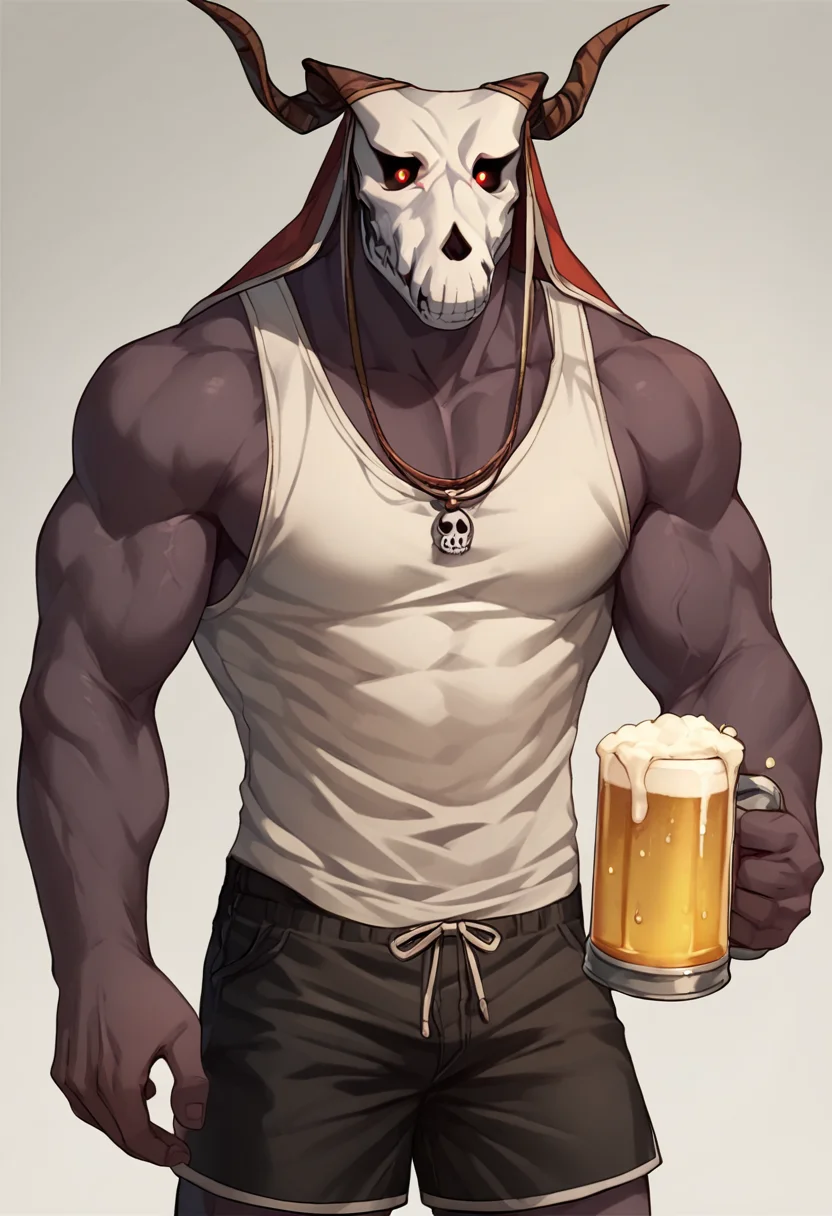 elias, 1boy, horns, solo, skull, male focus, red eyes,looking at viewer, glowing eyes,muscular, score_9, score_8_up, score_7_up, score_6_up, score_5_up, score_4_up, cowboy shot, <lora:EliasAinsworthPony1.0:1>,simple background, tank top, shorts, beer mug,