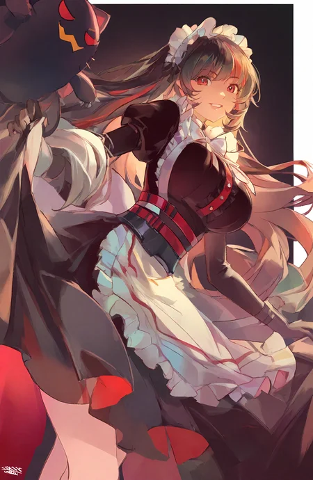 1girl, solo, long_hair, breasts, looking_at_viewer, smile, gloves, red_eyes, dress, puffy_sleeves, black_dress, apron, maid, maid_headdress, stuffed_toy