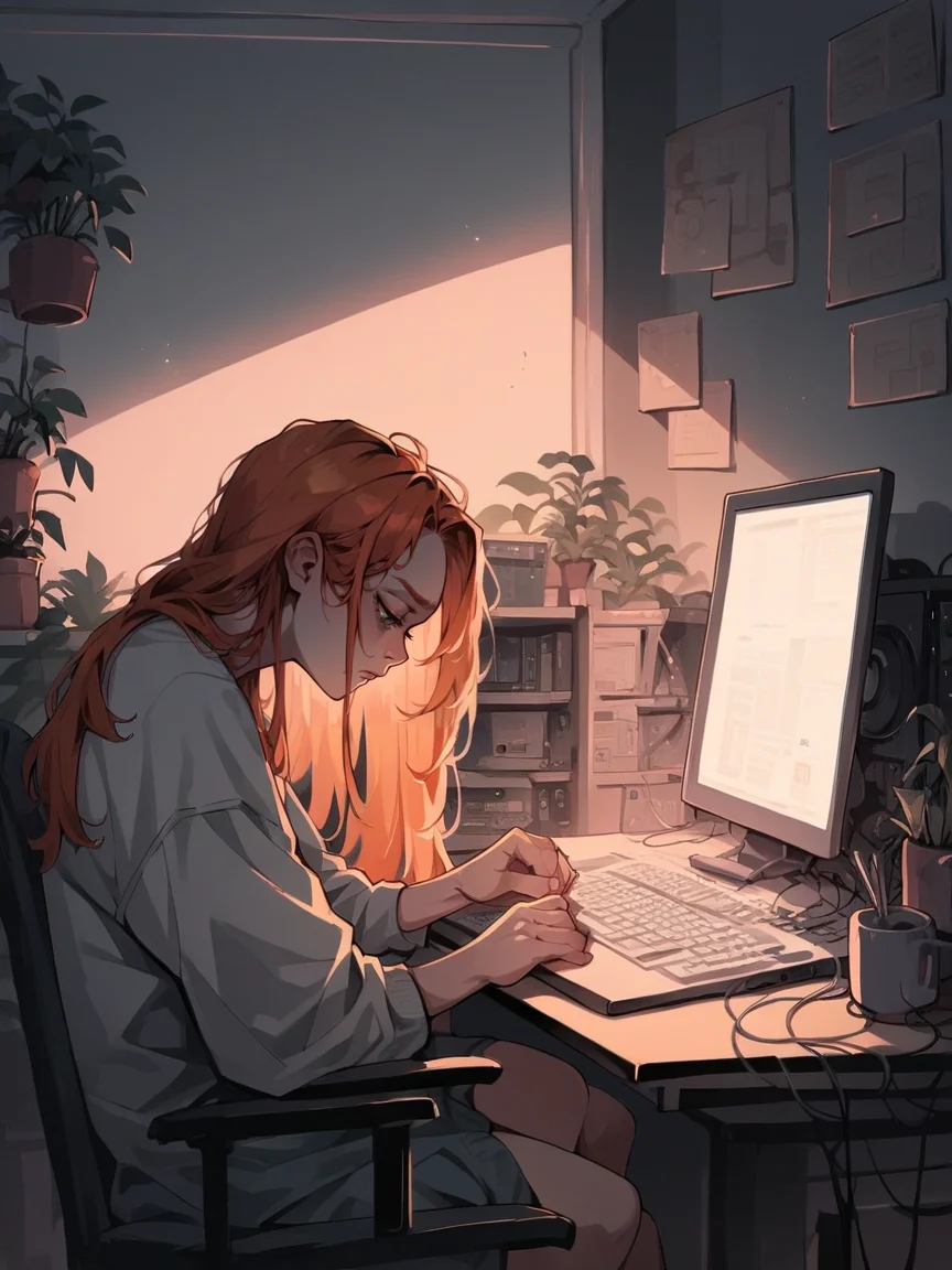 score_9, score_8_up, score_7_up, score_6_up, score_5_up, score_4_up, <lora:l0f1XLP:0.7> l0f1, 1girl, computer, neon, long hair, curvy, ginger hair, tired
