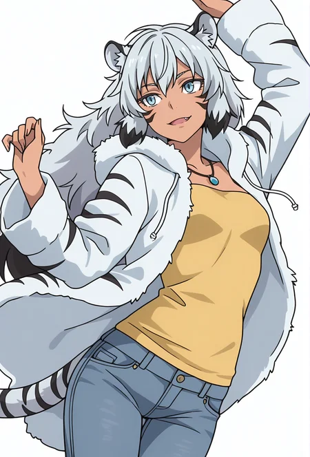 Smooth Quality,masterpiece,very intricate, high quality details, ultra realistic, high detailed skin,detailed enviorement,absurdres,
simple background, white background,solo,
dutch angle,dancing,
in heat,
<lora:Suphia_CNR_r1:0.8> suphia_cnr, 1girl,long hair, grey hair, blue eyes,dark-skinned female, facial mark,tiger ears, tiger tail, fang,monster girl,necklace,raincoat, ,fur coat, ,skinny jeans, ,