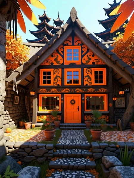 (epic:1.2), trending on artstation, (high quality:1.2), (masterpiece:1.2), high details, incredibly absurdres, colorful), (Folk Art:1.21), (art nouveau:1.25),  (Eclectic Architecture:1.31), (realistic:1.17), (neo-expressionism:1.29), (painting:1.31), (psychedelic:1.16), (comp_center:1.21) (wide_angle:1.27) (antique photo:1.14) ,, (location:(hut:1.36)),(color scheme:(orange theme:0.98)),