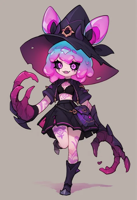 (score_9, score_8_up), score_7_up, zPDXL, SqueakyStyle, 1girl, solo, chibi, slime hair, pink hair, purple hair, gradient hair, black hat, witch hat, black bra, black skirt, armored skirt, smile, fangs, running, full body, pale skin, purple tattoo, body tattoo, makeup, pink eyes, black sclera, white background, <lora:Squeaky_Style_XL_Pony_SingleShot:1>