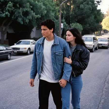 <lora:add-detail-xl:1>
<lora:detailed:0.3>
<lora:perfection style:0.3>
<lora:xl_more_art-full_v1:0.3>
<lora:Donnie Darko film style:1>
a man (Jake) and a woman (Gretchen) a sad man carrying a woman on his back while walking city streets,1girl,black hair,1boy,jacket,outdoors,pants,tree,facial hair,denim,ground vehicle,motor vehicle,carrying,realistic,car,princess carry , cinematic, film, Donnie Darko film style