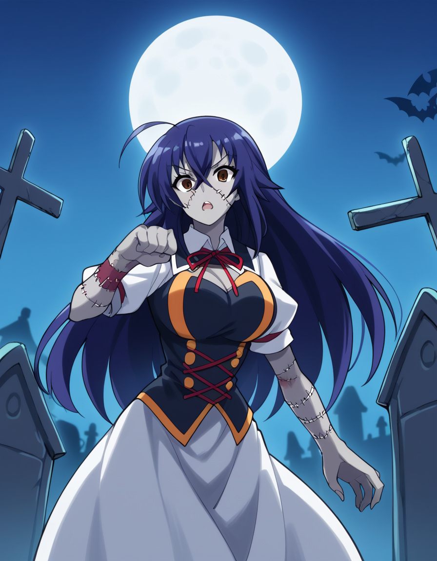 score_9, score_8_up, score_7_up, source_anime, <lora:medaka-kurokami-s2-ponyxl-lora-nochekaiser:1>, medaka kurokami, long hair, large breasts, blue hair, ahoge, brown eyes,, <lora:zombie-ponyxl-lora-nochekaiser:1>, zombie, colored skin, stitches, grey skin, multicolored skin, stitched face, zombie pose, halloween, halloween costume,, night, moon, graveyard, tombstone, grave, open mouth, , dutch angle, cowboy shot