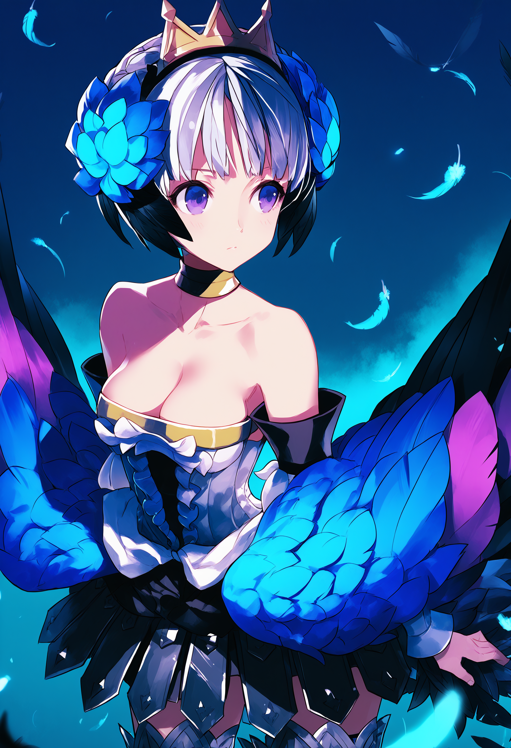 score_9, score_8_up, score_7_up, score_6_up, best quality, masterpiece,
gwendolyn \(odin sphere\), head feathers, 1girl, solo, wings, strapless, armor, strapless dress, armored dress, thighhighs, bare shoulders, multicolored feathers, purple feathers, blue feathers, black feathers, crown, cleavage, choker, purple eyes, detached sleeves, white hair, medium breasts, grey hair, multicolored wings, low wings, hair ornament
<lora:avian_mge_concepts_v11:1>