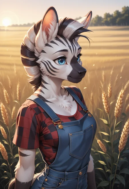 score_9, score_8_up, score_7_up, source_furry, high quality, perfection, detailed, aesthetic, well-lighted, manga style,
outdoors, wheat field,
1girl, solo, upper view,
furry female, anthro, furred body, fluffy fur, beautiful girl, cute girl, young, youthful, beautiful face, beautiful eyes, perfect eyes, detailed eyes,
zebra girl, medium breasts, blue eyes, small mouth,
denim overalls, checkered shirt,
standing,