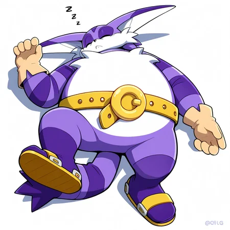 <lora:Big_the_cat_Sonic_Adventure_-_Illustrious:1> Big the cat, 1boy, belt, gloves, sandals, lying, on back, eyes closed, sleeping, masterpiece, masterwork, white background, masterpiece