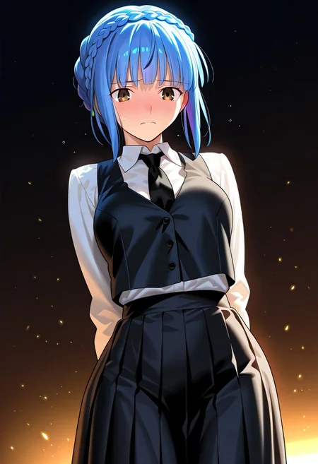 ((masterpiece, best quality, amazing quality, very aesthetic, absurdres)),
Takeuchi takashi, ((solo)), peaceful, worried, closed mouth, 1girl, (medium breasts, thin waist, wide hips), ((marianne_fire_emblem)), (((blue hair, brown eyes))), ((short hair, braided hair)), (((white shirt, collared shirt, black tie, black vest, long skirt, black skirt))), no background, dark background, sideshot, cowboy shot, dark background, portrait,