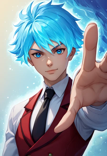 score_9,score_8_up,score_7_up,score_6_up,score_5_up,score_4_up,source_anime BREAK ray white,1boy,male focus,necktie,solo,blue hair,black necktie,red waistcoat,shirt,upper body,outstretched hand,white collared shirt,looking at viewer,blue theme,<lora:Ray_Evi_V2-4-000008:1>,aura,glowing hair,