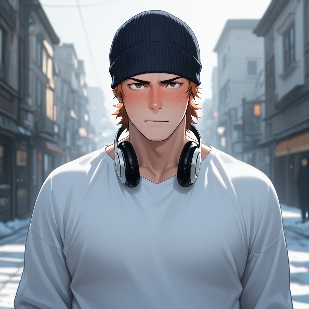 masterpiece, best quality, amazing quality, absurdres, newest, detailed background, definition so sharp, Ultra-HD, 8K cinematic, very awa, impressionate, amazing quality, highres, 
solo, male focus, manly, mature male, bara, charming, cool, badass, cold light, blurry background, outdoor, 
1boy, short hair, beanie, headphone around neck, misakiyata, misaki_orange hair, misaki_brown eyes, white t-shirt, blushing, scratch head, looking at viewer, slightly face turning away