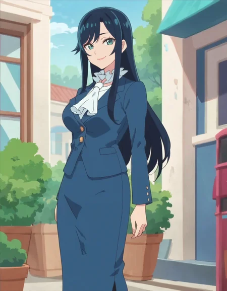 score_9, score_8_up, score_7_up, 1girl, solo, anime screencap, long hair, blue hair,aqua eyes, blue jacket, looking at viewer, ascot, skirt suit, pencil skirt, long skirt, bangs, smile,large breasts,<lora:Fuwahatsuko:0.8>