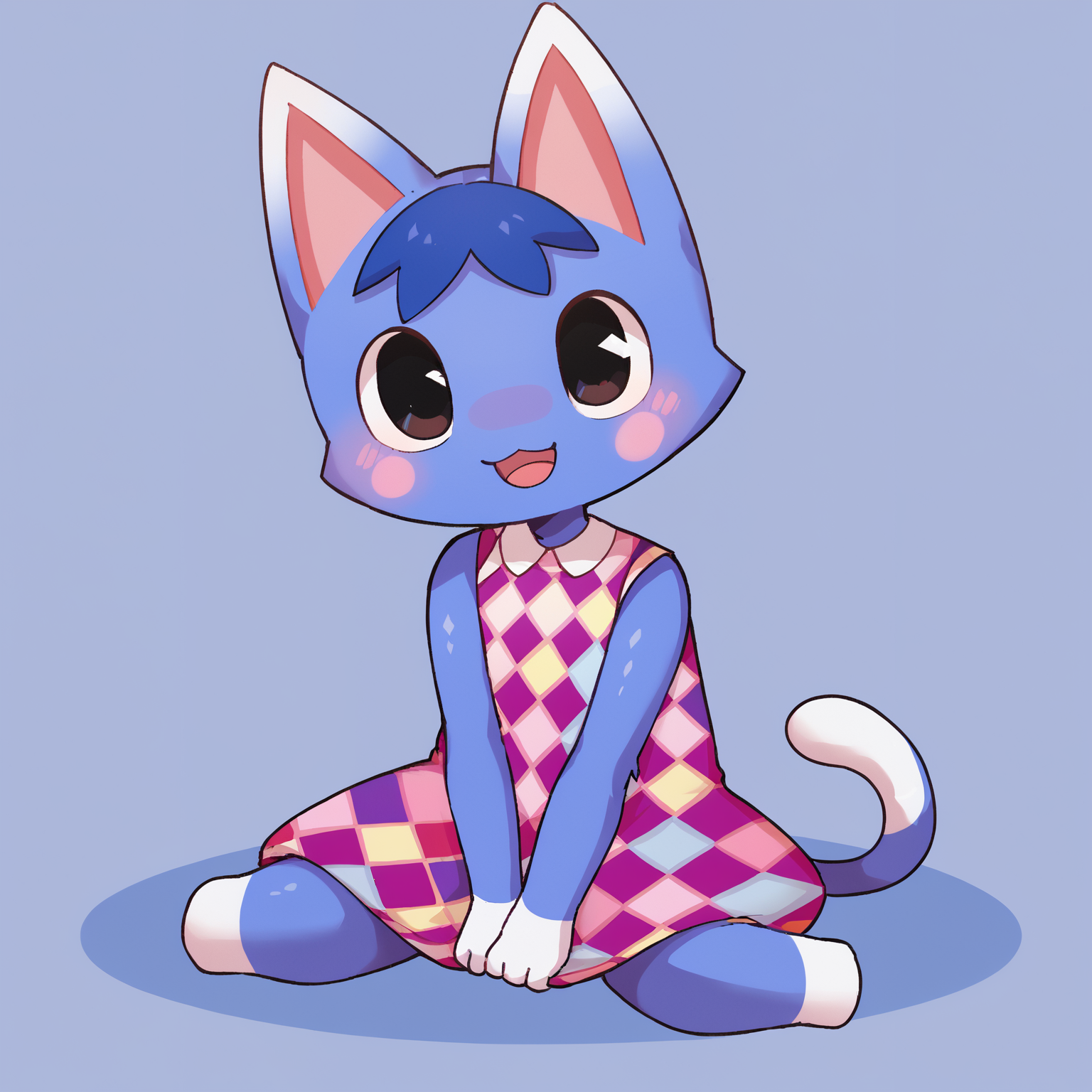 score_9, score_8_up <lora:Rosie-PONY:1> rosie, female, solo, sitting, open mouth, black eyes, argyle dress, looking at viewer, sleeveless dress, cute, sticker blush