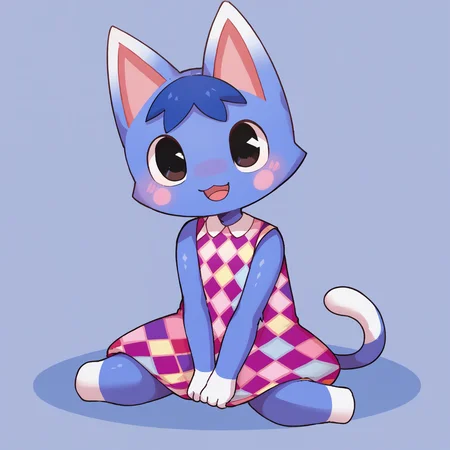 score_9, score_8_up <lora:Rosie-PONY:1> rosie, female, solo, sitting, open mouth, black eyes, argyle dress, looking at viewer, sleeveless dress, cute, sticker blush