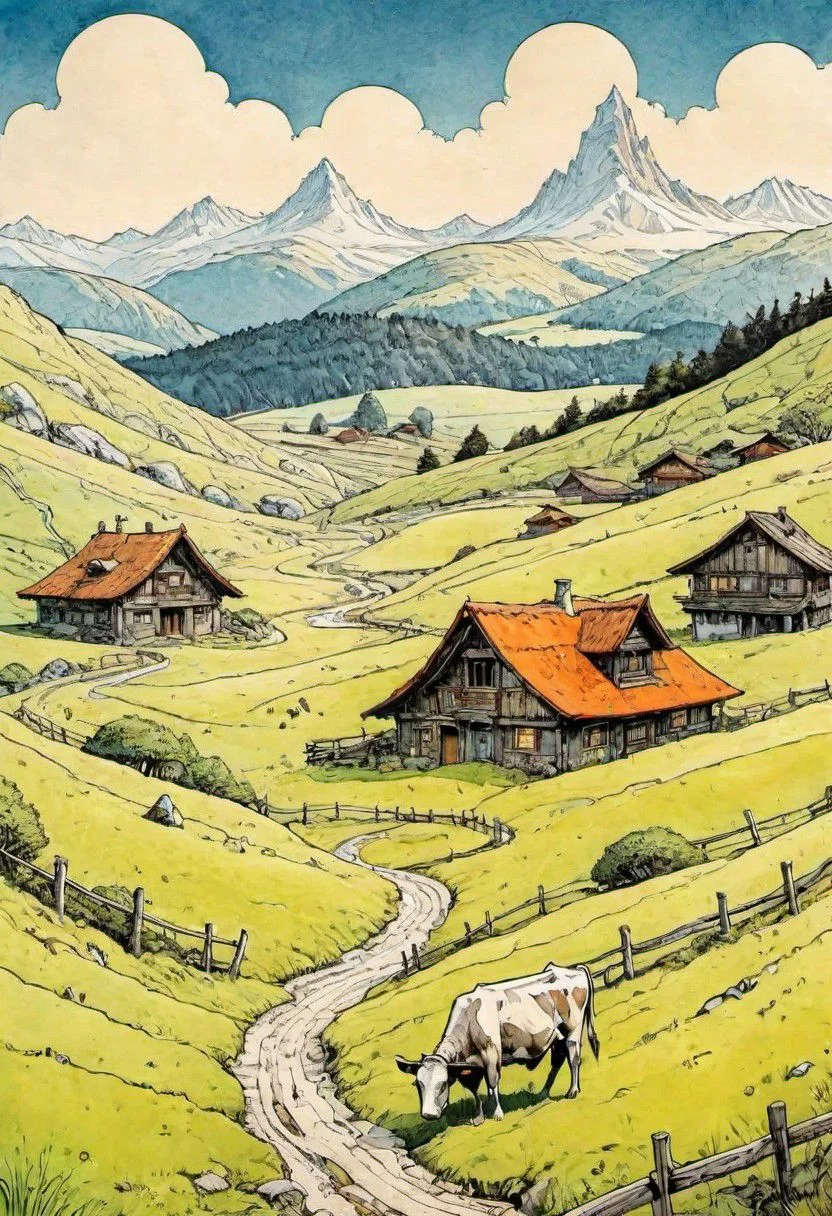 (color ink painting moebius, comic book style), hills, alpine valley, wooden house covered with moss, cows grazing