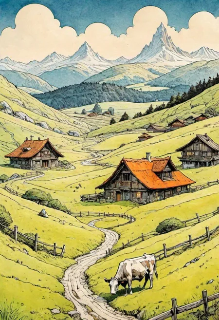 (color ink painting moebius, comic book style), hills, alpine valley, wooden house covered with moss, cows grazing