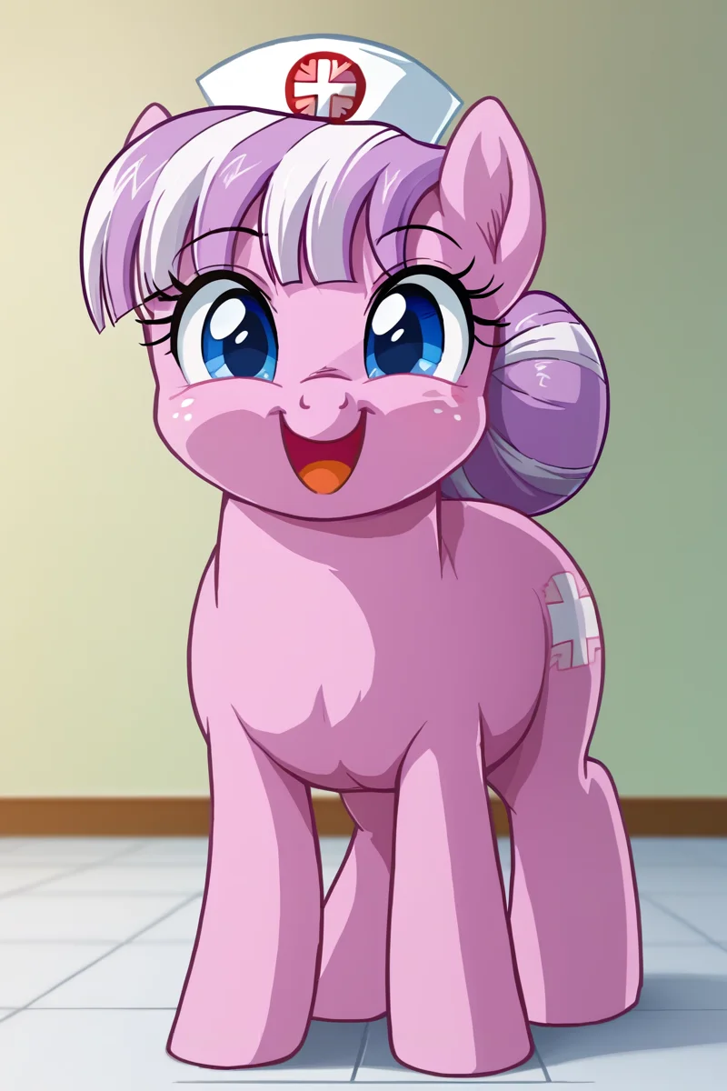 score_9, score_8_up, score_7_up, score_6_up, score_5_up, score_4_up, 1girl, solo, (rsd, vum:0.8), (pdcu:0.6), nurse sweetheart, happy, freckles, feral pony, mare, chubby, nurse cap, blue eyes, pink fur, purple and white hair, hair bun, indoors, hospital, standing, cute