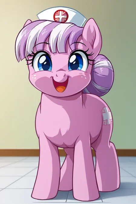 score_9, score_8_up, score_7_up, score_6_up, score_5_up, score_4_up, 1girl, solo, (rsd, vum:0.8), (pdcu:0.6), nurse sweetheart, happy, freckles, feral pony, mare, chubby, nurse cap, blue eyes, pink fur, purple and white hair, hair bun, indoors, hospital, standing, cute