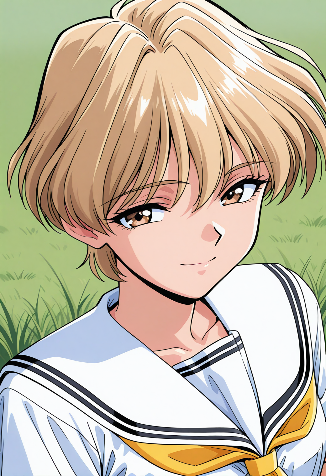 nishikawa_maki, brown eyes, blonde hair, short hair, school uniform, serafuku, white sailor collar, yellow neckerchief, white shirt, short sleeves, <lora:Graduation_nishikawa_maki_illustrious_ver1:0.8> 
closed mouth, light smile,, masterpiece, best quality, sensitive,, 1girl, solo, blue sky, (grasslands:1.2), looking at viewer,, (upper body:1.2), (close-up:1.2), (facing viewer:1.2), (open eyes:1.4), (portrait:1.2)