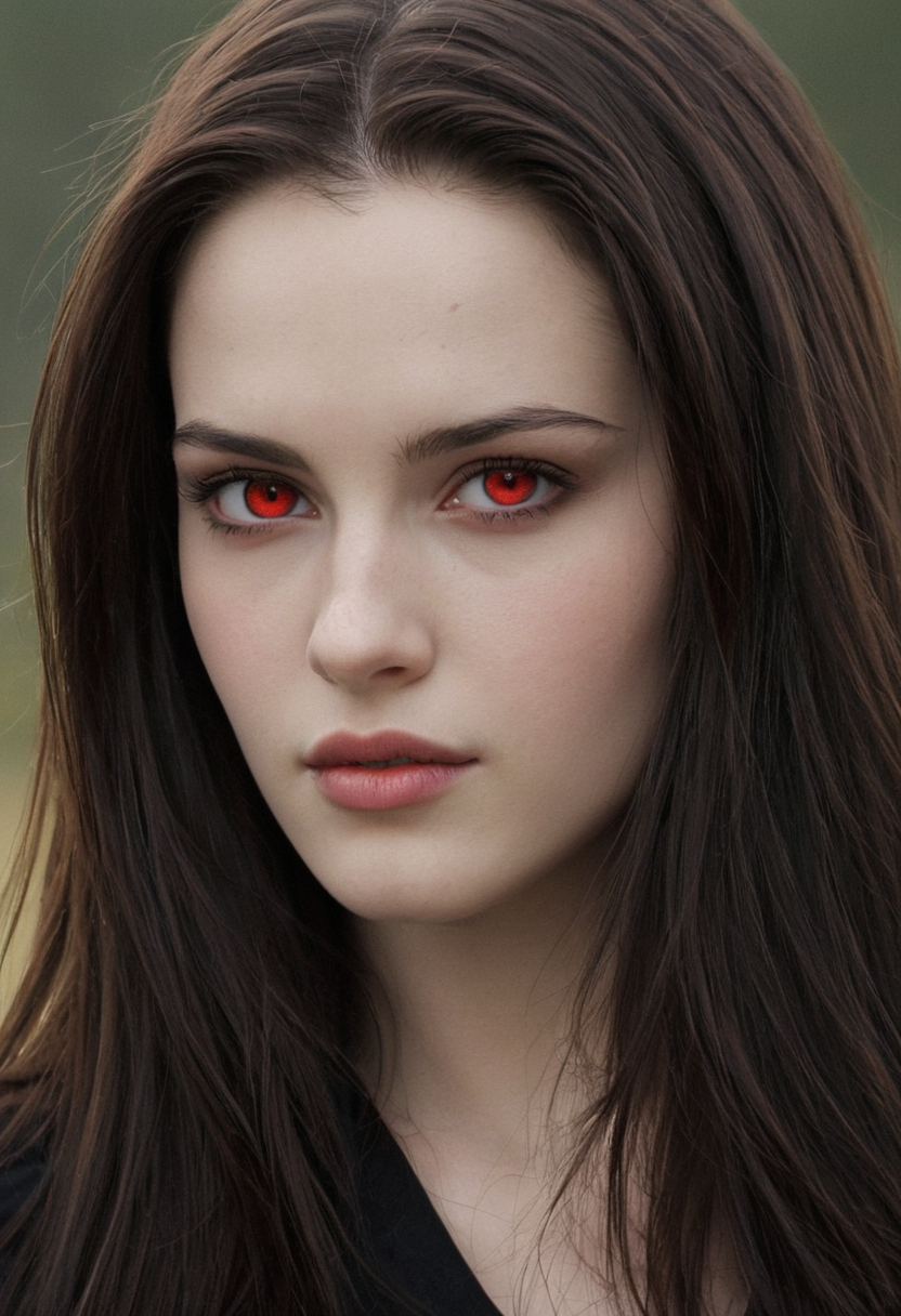 <lora:R0k00Gl0w1ngHD:1>,R0k00Gl0w1ngHD,(style, glowing, eyes, aura, background),, Bella is described as having a very pale complexion with (long, straight, dark brown hair, a widow's peak:1), a heart-shaped face with a wide forehead. Her eyes are large and widely spaced. Her nose is thin and her cheekbones are prominent. Her lips are a bit too full for her slim jawline. Her eyebrows are darker than her hair and are straighter than they are arched. Bella is rather pretty. Bella Swan. (extremely beautiful with even paler skin, straight waist-length hair, and crimson red eyes)