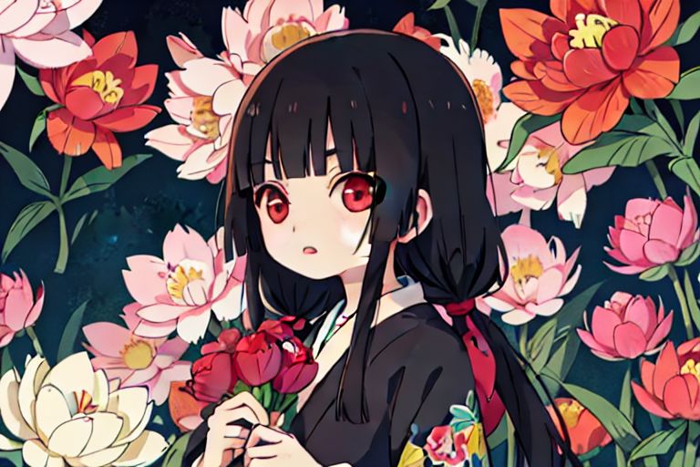 enma ai, hair down, hair black, bangs, eyes red, masterpiece, best quality, ultra-detailed, illustration, 1girl, solo, highres, photorealistic, ultra high res, (Original illustration composition), (fusion of limited color,Maximalism artstyle, kimono obi fashion, double exposure, background, illustration, Amazing, lily spider, night darkness, open one's mouth, finger, bouquet flowers red, low twintails, (polychromatic peony:1.15), Movie poster,
