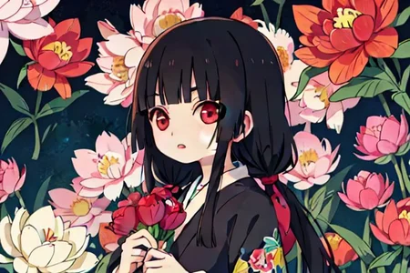 enma ai, hair down, hair black, bangs, eyes red, masterpiece, best quality, ultra-detailed, illustration, 1girl, solo, highres, photorealistic, ultra high res, (Original illustration composition), (fusion of limited color,Maximalism artstyle, kimono obi fashion, double exposure, background, illustration, Amazing, lily spider, night darkness, open one's mouth, finger, bouquet flowers red, low twintails, (polychromatic peony:1.15), Movie poster,