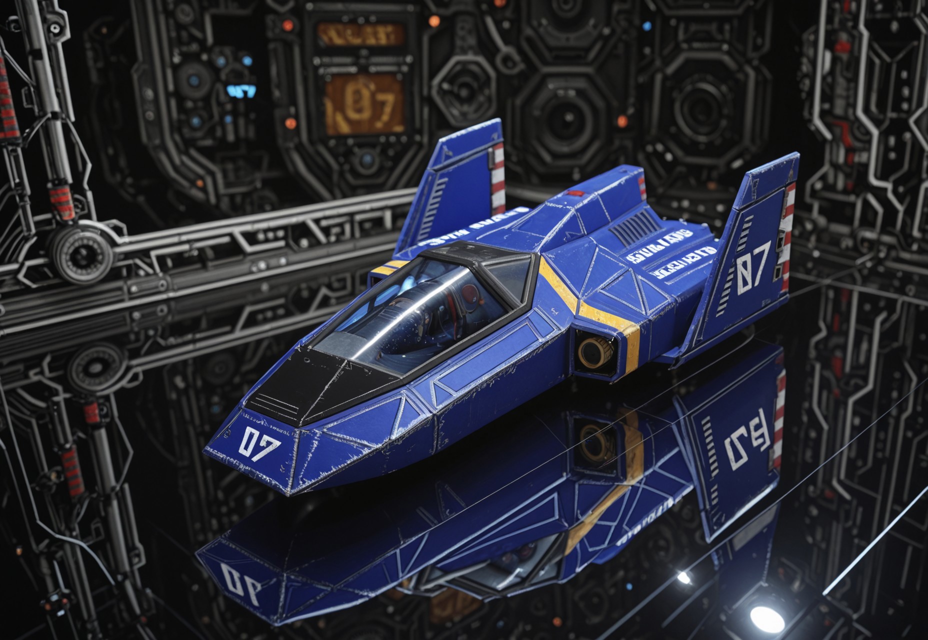 score_9, score_8_up, score_7_up, score_6_up, masterpiece, best quality, absurdres, blue_falcon, solo, science fiction, futuristic, cgi, mechanical, machinery, high detail, intricate detail, moving parts, machine, text "07", text "BLUE FALCON", reflective floor, pilot