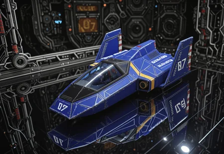 score_9, score_8_up, score_7_up, score_6_up, masterpiece, best quality, absurdres, blue_falcon, solo, science fiction, futuristic, cgi, mechanical, machinery, high detail, intricate detail, moving parts, machine, text "07", text "BLUE FALCON", reflective floor, pilot