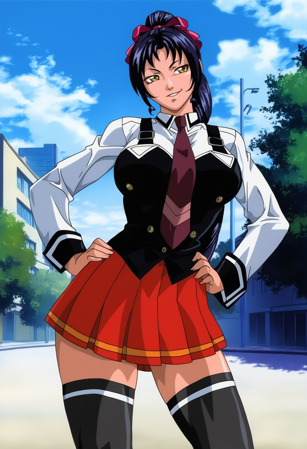 masterpiece, good quality, best quality, highres, very awa, bloom, shadow,
Kozono Nami, 1girl, solo, standing, hands on own hips, feet out of frame, contrapposto,
looking at viewer, smirk, parted lips, sideways glance, head tilt,
yellow eyes, long hair, black hair, high ponytail, hair ribbon,
school uniform, vest, suspenders, red necktie, black thighhighs, pleated skirt,
curvy, large breasts, thighs,
outside, street, city, sky, day, sidelighting, blue skies, clouds,
 <lora:Kozono Nami 3216 NoobAIXL Vpred L2:1>