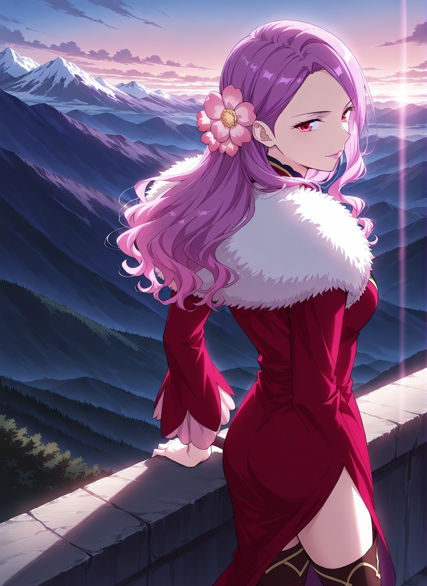 <lora:Hua_Jin__Battle_Through_the_Heavens__Illustrious:1>
1 girl, solo, red eyes, purple hair, pink hair, long hair, red dress, hair ornament, 
fur trim, lipstick, hair flower, thigh boots, 
score_9, score_8_up, score_7_up, source anime, BREAK, cowboy shot, (from side), looking back, looking at viewer, overlooking mountain, high altitude, scenery, exterior, background, (solo), perfect hands
