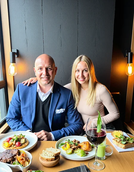 In a medium shot from a front-facing angle, a young Caucasian couple is seated at a round table in a modern, intimate restaurant setting. The man, with a bald head and neatly groomed facial features, wears a blue blazer over a white shirt, his posture relaxed yet confident, as he sits beside the woman. She has long, straight, blonde hair and wears a fitted beige top, her expression bright and friendly as she smiles towards the camera. The warm lighting casts a soft glow, highlighting their facial features and enhancing the cozy, inviting atmosphere. The background features a dark, rustic wooden wall, adding texture to the setting without distracting from the subjects. The color palette consists of natural wood tones, black and gray from the furnishings, and subtle highlights from the dishes on the table. In front of the couple are plates of finely presented meals, including bread, grilled meat, and a selection of vegetables, as well as a green cocktail and a glass of red wine, which hint at an upscale dining experience. The image is sharp, with good focus on the subjects, though slight noise can be observed in the darker areas of the frame. The lighting quality is soft and even, with no harsh shadows, contributing to a balanced and aesthetically pleasing composition that captures an enjoyable, relaxed dining moment <lora:amateurphoto-v5-14-15-1-1:0.45>