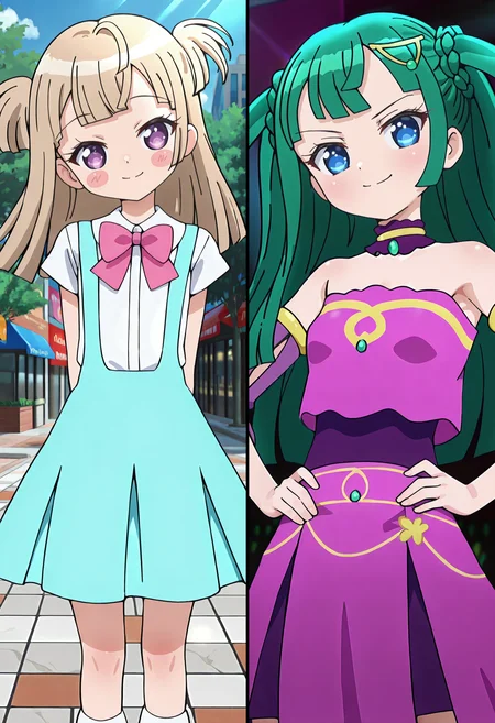 best quality, amazing quality, perfect quality, high quality, masterpiece, absolutely eye-catching BREAK
<lora:PriPara_-_Chili_Tsukikawa:1> PriParaChiliNormal, purple eyes, light brown hair, long hair, kishimen hair, two side up, blunt bangs, blush stickers, flat chest BREAK
pink bow, white shirt, short sleeves, suspenders, aqua skirt, bobby socks, blue mary janes BREAK
outdoors, shopping district, tree, blue sky, stone floor, building, sunbeam BREAK
1girl, solo, standing, hands behind back, looking at viewer, head tilt, smile, cowboy shot