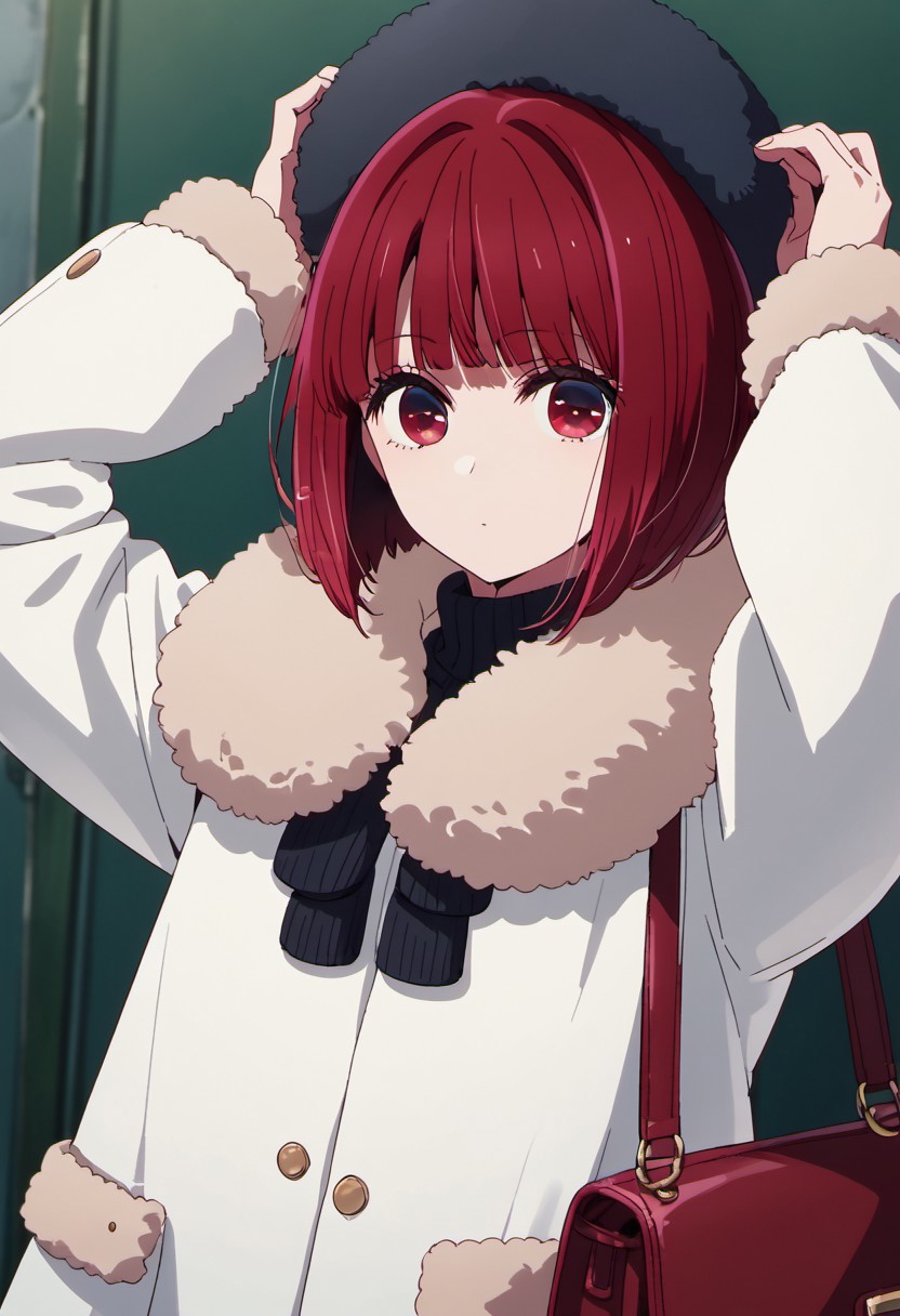 score_9, score_8_up, score_7_up, source_anime,arima kana, red hair, short hair, red eyes, 1girl, solo, coat, looking at viewer, bag, hat, fur trim, bob cut, arms up, long sleeves, closed mouth, white coat