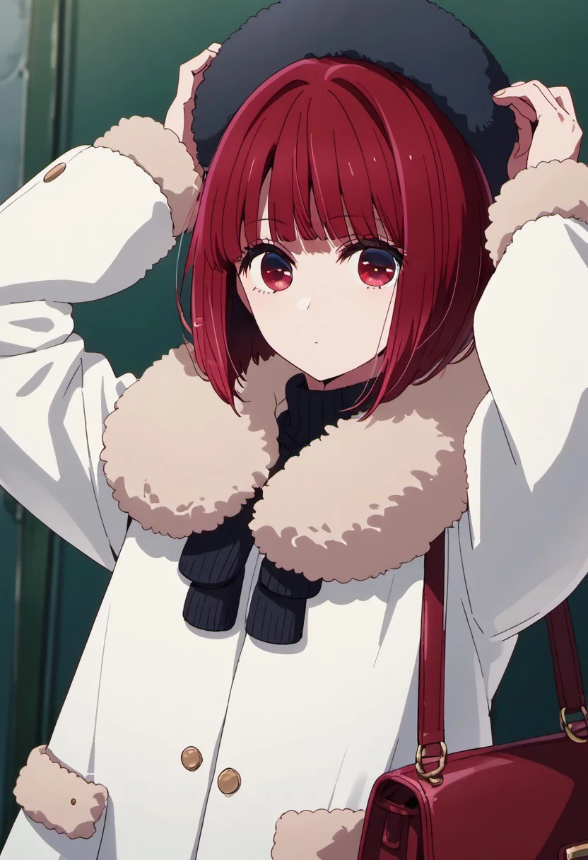 score_9, score_8_up, score_7_up, source_anime,arima kana, red hair, short hair, red eyes, 1girl, solo, coat, looking at viewer, bag, hat, fur trim, bob cut, arms up, long sleeves, closed mouth, white coat