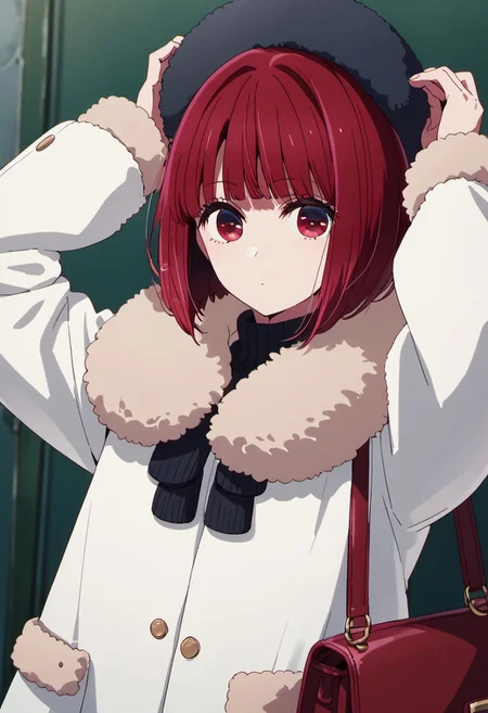 score_9, score_8_up, score_7_up, source_anime,arima kana, red hair, short hair, red eyes, 1girl, solo, coat, looking at viewer, bag, hat, fur trim, bob cut, arms up, long sleeves, closed mouth, white coat