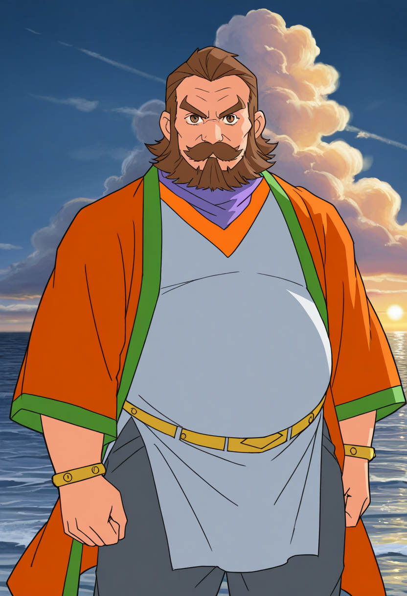 1boy, sunrise, cowboy shot, standing, ocean, serious, facing viewer, night, looking at viewer, cumulonimbus cloud,
BREAK
<lora:Ximen_Hao_from_Shenbingxiaojiang_v1.0:1>
ximenhao, mature male, brown hair, brown eyes, thick mustache, beard, long sideburns, thick eyebrows, belly, fat,
BREAK
orange robe, green trim, white shirt, purple scarf, gold belt, grey pants, gold bracelet,
BREAK
very awa, masterpiece, best quality, absurdres, newest, perfect quality, detailed background, intricate details,
