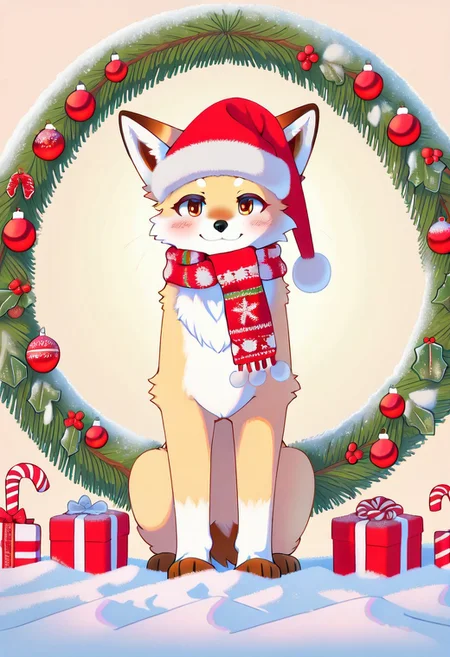 Animal Christmas, masterpiece, best quality, Kitsunes, female anthropomorphic fox, athletic, lean perfect body, Soft White Fur, Christmas Magic, green and red hats, festive scarves, tiny presents, snow-covered branches, Japanese Christmas decorations, foreboding magical setting, mysterious mood, wrapping gifts inquisitive expression, holiday spirit, cozy ambiance