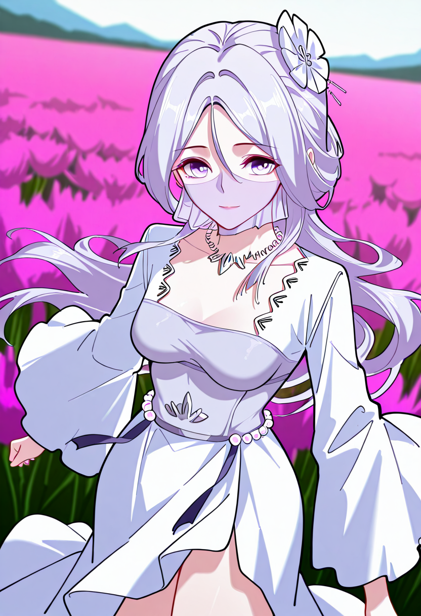 <lora:Chu_Qingcheng_IL:1>,Chu_Qingcheng_IL,1girl,long purple hair,wavy hair,Soft wavy strands,hair ornament,parted bangs,purple eyes,hair between eyes,necklace,medium breasts,face veil,soft light purple veil,elegant outfit,white dress,layered dress,pearl accents,high slit dress,wide sleeves,flowy fabric,ornamental belt,waist gems,floral chest design,
score_9,score_8_up,score_7_up,very aesthetic,source_anime,detailed,high quality,beautiful,masterpiece,detailed eyes,field,blurry  dynamic angle,upper body,cowboy shot,light smile,floating