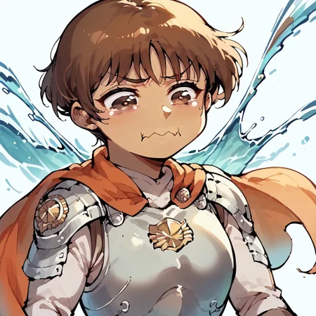 score_9,score_8_up,score_7_up,score_6_up,score_5_up,score_4_up, solo, 1girl, aquacrying, wavy mouth, closed mouth, tearing up, Casca_Def, brown eyes, brown hair, short hair, cape, dark-skinned female, breastplate, red scarf, shoulder armor, water splash, flying ribbons, face focus, upper body